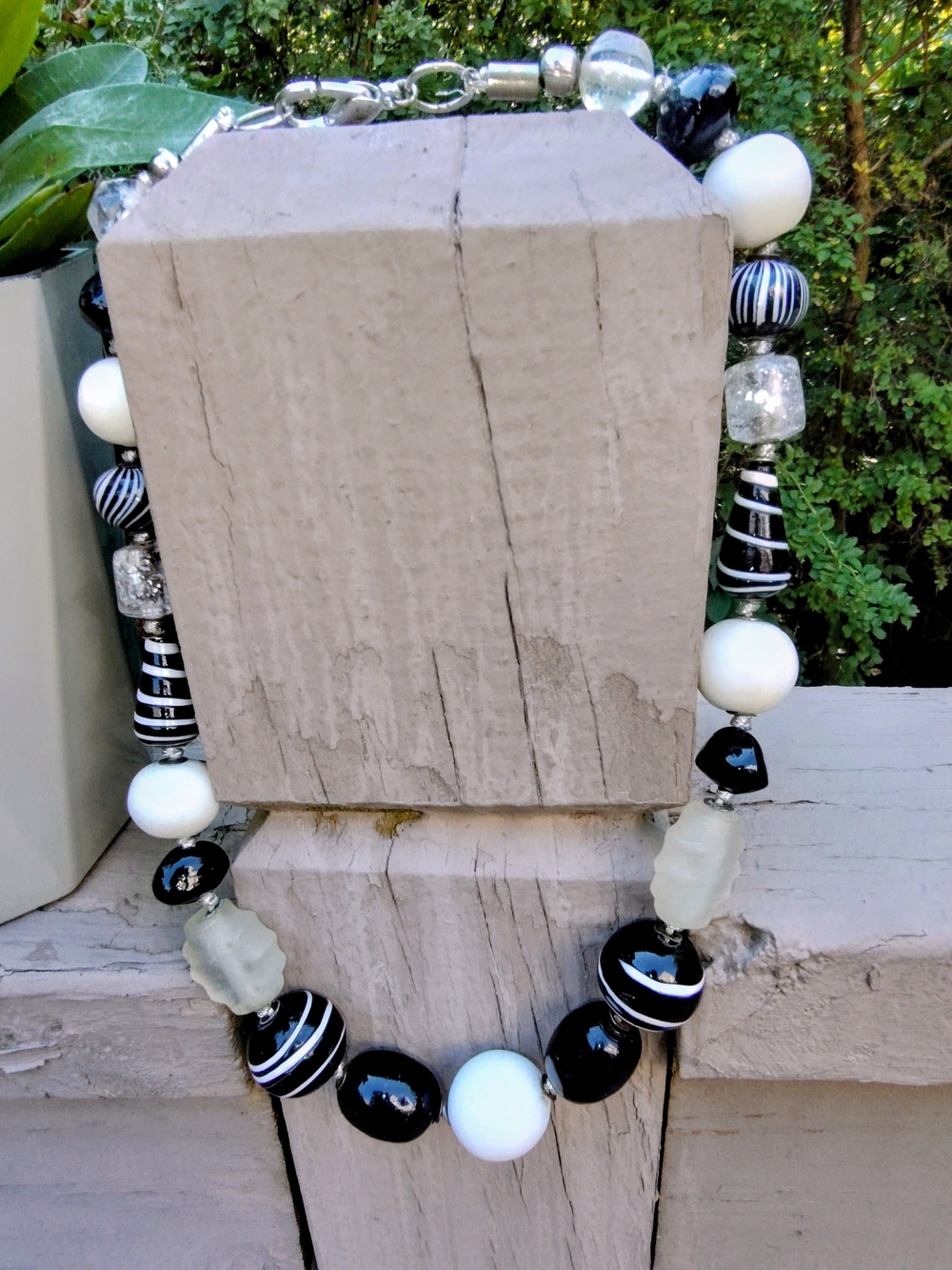 Artisan Murano Style, Frosted, and  Confetti Black & White Bead Necklace 16"